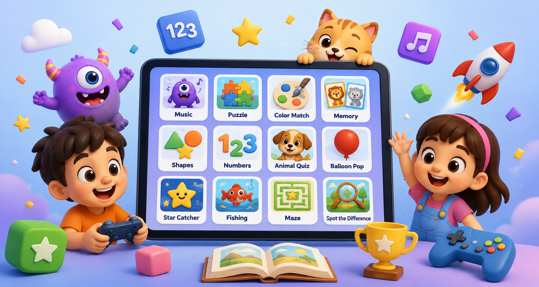 Kids playing colorful learning games on a tablet